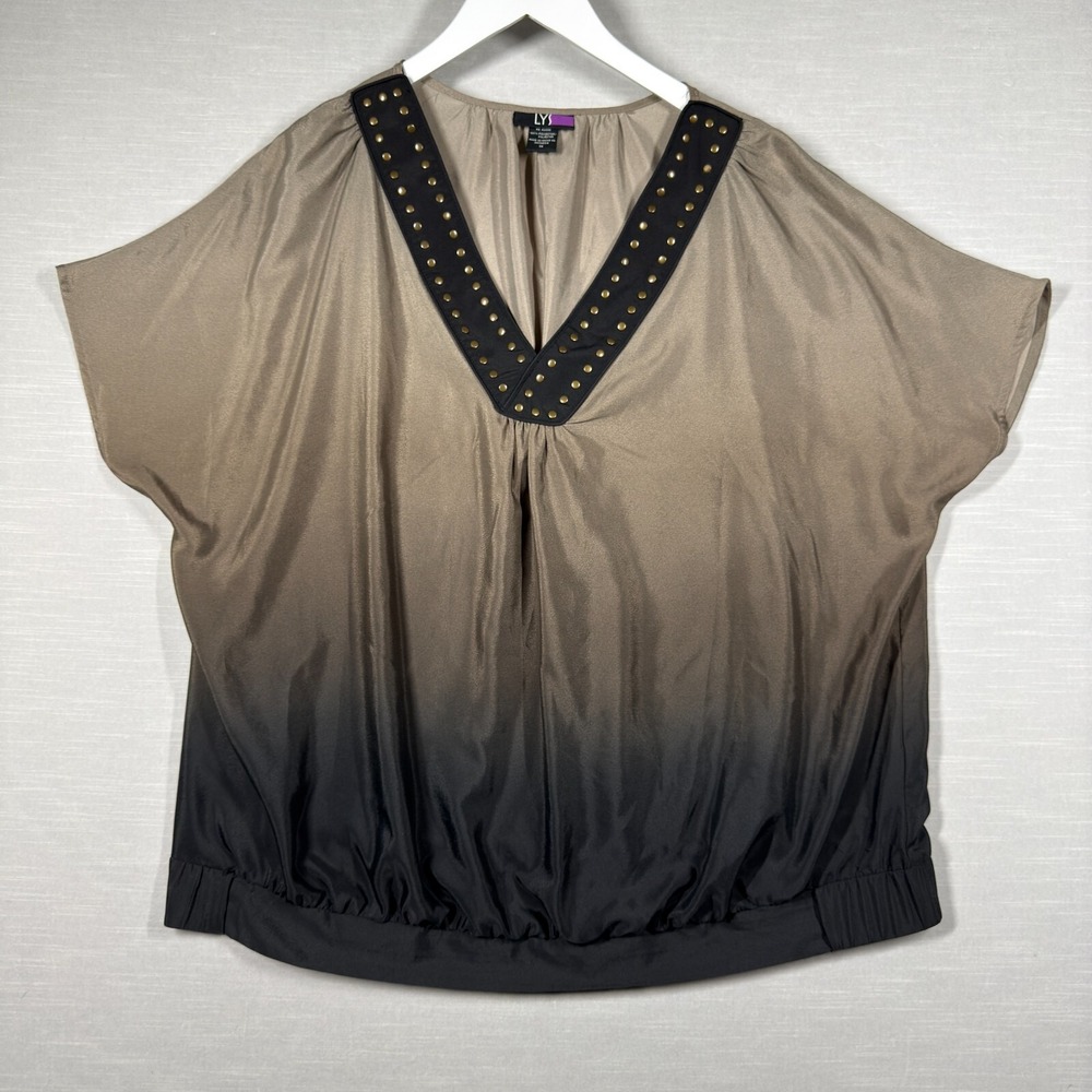 LYS Top Womens 1X Beige Black Ombre Studded Chic Flowy Tunic Boho Neutral Blouse